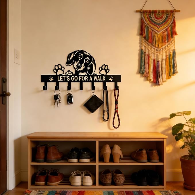 Dachshund Key & Dog Leash Holder for Wall, 7-Hook Wall Dog Storage Organizer for Entryway, Hallway, Front Door, Kitchen, Small Black Key Rack, Wall-Mounted Key Hanger, Dachshund Gifts & Decor