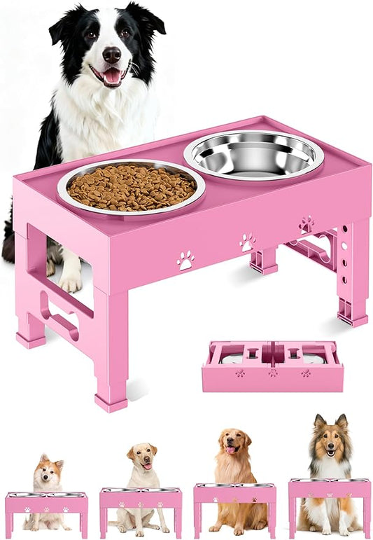 Elevated Dog Bowls with 2 Stainless Steel Bowls, Raised Dog Food Bowl Stand 5 Height Adjustable (3.1", 9", 10", 11", 12") Non-Slip Feeder Set for Medium and Large Dogs - Pink
