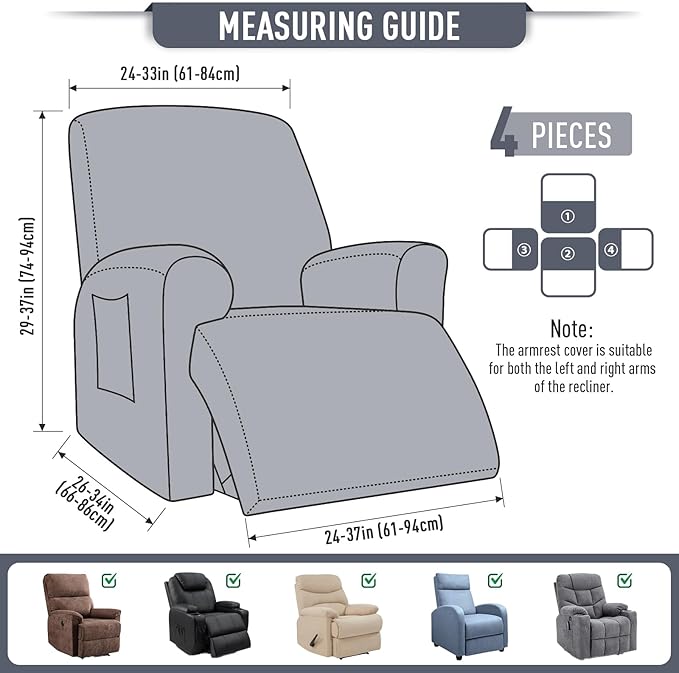 TAOCOCO Recliner Cover 4-Pieces, Recliner Stretch Sofa Slipcover, Recliner Cover 1 Seat, Couch Protector Soft, Furniture Protector Covers with Elastic,Chair Covers Jacquard Pattern (Grey)