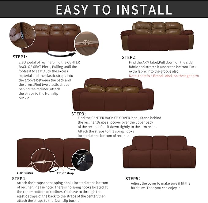 Easy-Going 8 Pieces Recliner Sofa Stretch Sofa Slipcover Sofa Cover Furniture Protector Couch Soft with Elastic Bottom Kids, Spandex Jacquard Fabric Small Checks Coffee