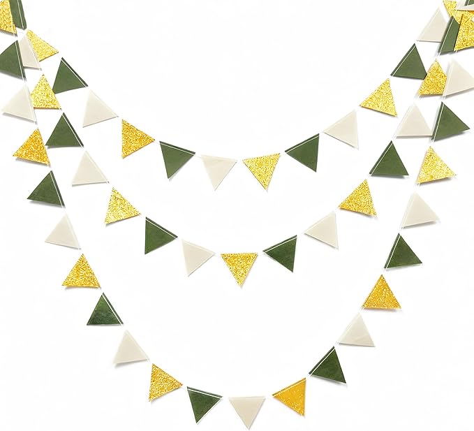 Sage Green Gold Party Decorations Oilve Green Beige Gold Glitter Felt Triangle Mini Banner Bunting Pennant Flag for Baby Shower Birthday Wedding Jungle Woodland Safari Party Nursery Classroom Decor