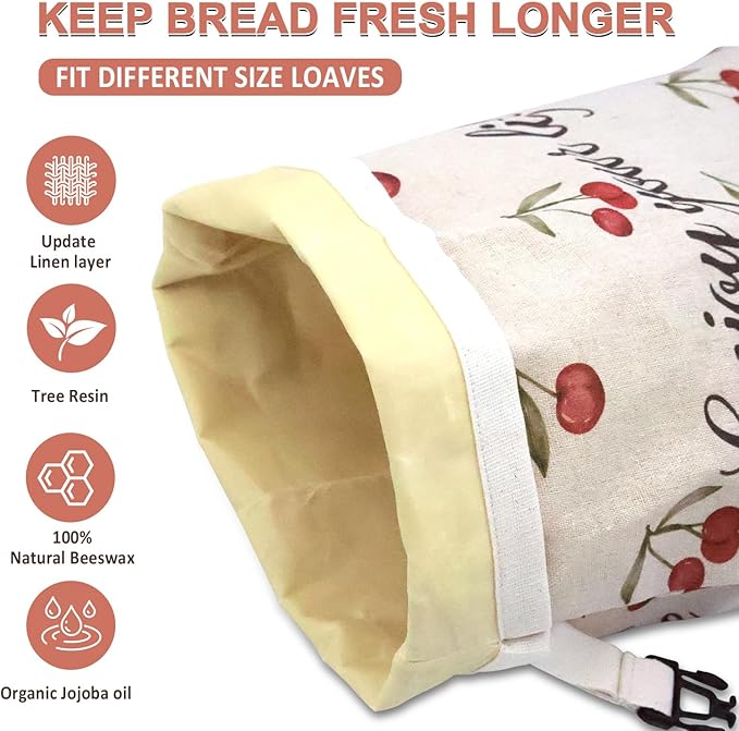 ChefLee Beeswax Bread Bags, 2-Pack Reusable Food Storage for Homemade Bread & Sourdough, Linen Waxed XL Bags Keeps Fresh Longer, Freezer Safe for Baking Loaf