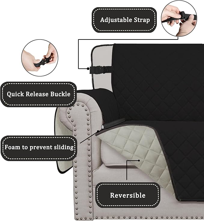 Easy-Going Reversible Chair Cover Washable Sofa Cover for Dogs Water Resistant Couch Slipcover Furniture Protector Cover with Adjustable Straps for Pets (Chair 30 in, Black/Beige)