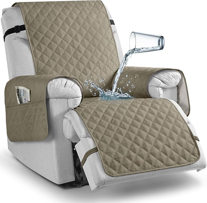 TAOCOCO 100% Waterproof Recliner Chair Cover Non-Slip Reclining Cover for Recliner Chair Washable Chair Seat Cover with Elastic Straps for Pets Sofa Slipcover with Pocket (Oversized 28'', Khaki)