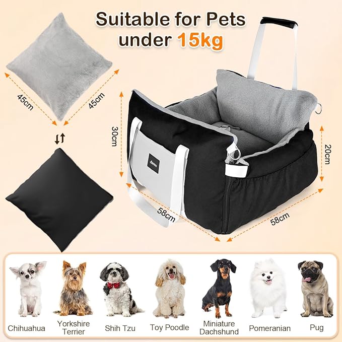 Dog Car Seat for Small Dogs – Pet Safe Soft Booster Car Seat with Side Flaps, Nonslip Base & Clip-On Leash, Storage, Portable Travel Bed Puppy Bags for Outdoor, Holds Up to 25 lbs, Black