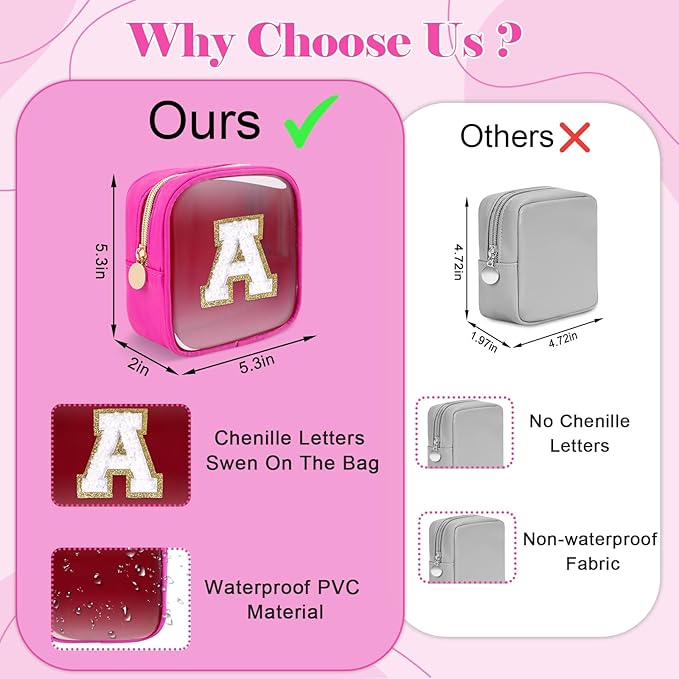 Personalized Initial Letter Clear Preppy Makeup Bag,Mini Nylon Chenille Letter Cosmetic Bag Cute Zipper Pouch Coin Purse for Teen Girls,Portable TSA Approved Travel Essentials Bag Gift for Women,O