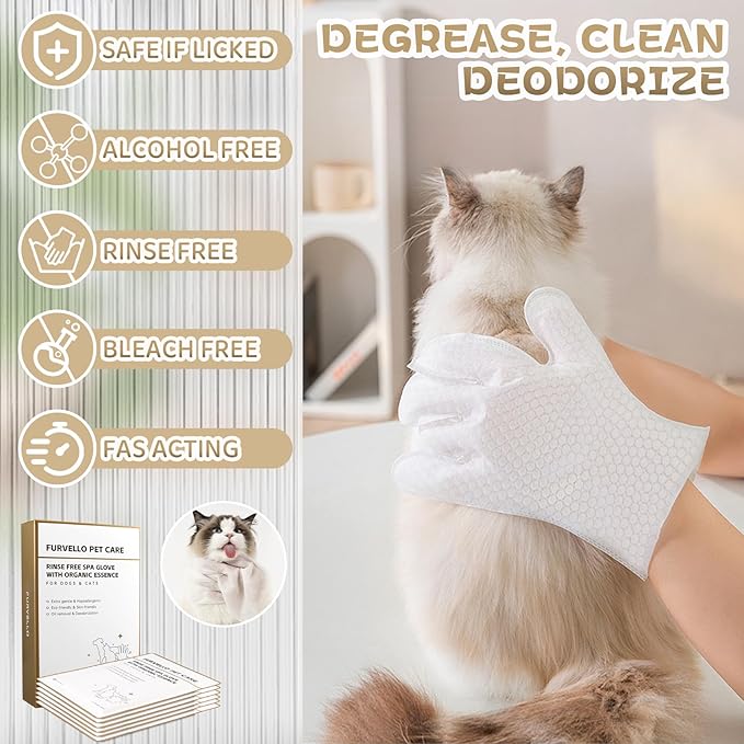 Nourishing & Deodorizing Pet Glove Wipes for Dogs & Cats, 4-in-1 Grooming Wipes (Clean, Comb, Massage, Nourish), 7 Plant Extracts, Extra Thick, Hypoallergenic, Lick-Safe, Fruity Note, 6PCS