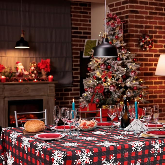 misaya Rectangle Waterproof Vinyl Table Cloth, Wipeable Tablecloth with Flannel Backing, Plastic Table Cover for Dinner, Christmas Party (Red & Black, 52" x 70")
