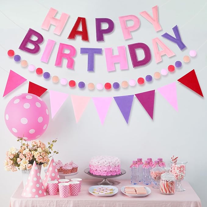 4 Strings Happy Birthday Felt Banner Decoration Pink Birthday Sign Garland Reusable Bunting Banner Pom Pom Hanging Garland Backdrop Wall Decor for Girls Boys Bday Party Supplies Decor