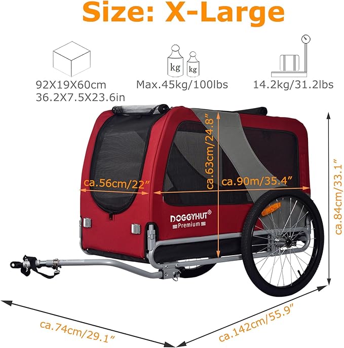 DOGGYHUT® Premium XL Pet Bike Trailer for Large Dog or Multiple Small Dogs, Up to 100 lbs,Dog Bicycle Carrier,Low Center of Gravity,Easy Folding Frame Cart