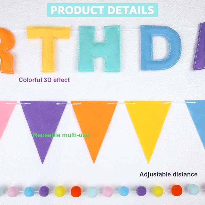 4 Strings Happy Birthday Felt Banner Decoration Pastel Birthday Sign Hanging Garland Reusable Bunting Banner Pom Pom Garland Backdrop Decor for Girls Boys Bday Party Supplies Wall Decor