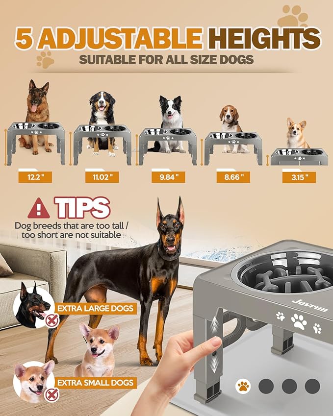 Jovrun Elevated Dog Bowls, Dog Feeder with Stainless Steel Dishes & Slow Feeder Bowl, 5 Heights Adjustable Raised Stand for Medium Large, Food Dishes with Non-Slip Feet