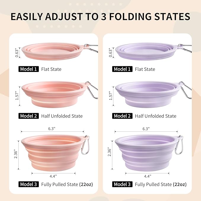 Collapsible Dog Bowls 2-Pack, Portable Travel Dog Bowl with Carabiner, Food-Grade Silicone Pet Bowl for Hiking, Walking (22 OZ Macaron Pink and Violet)