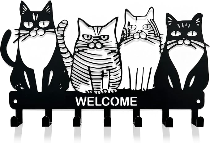 Key Holder for Wall, 11.88'' x 7'' Black Metal Cat Shape Decoration Key Hook Wall Mount Key Rack Hanger Storage Organizer with 7 Hooks for Home Doors Entryway Kitchen Garage Decor