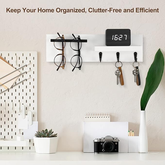 Lucundm Key Holder for Wall, Decorative Entryway Shelf with Hooks Holds Keys, Dog Leash, Sunglasses – Key Hanger with 3 Hooks Organizes, Enhances Home Decor (15” x 4.5” x 2.6”) (White)