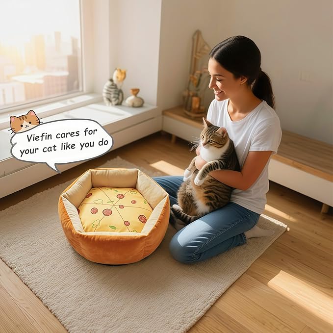 Cute Cat Beds Kitten Beds with Catnip Toys, Soft Small Dog Beds, Washable Pet Beds for Puppy and Kitty, Funny Pizza Shape, 20 Inch