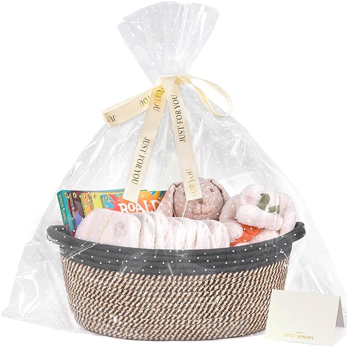 CHICVITA Small Woven Basket with Gift Bags & Ribbon Baskets for Gifts Empty, Rope Baskets for Organizing, Home Decoration for Kids, 12"x 8"x 5", Black & Jute