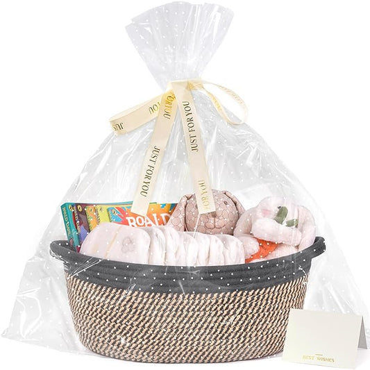 CHICVITA Small Woven Basket with Gift Bags & Ribbon Baskets for Gifts Empty, Rope Baskets for Organizing, Home Decoration for Kids, 12"x 8"x 5", Black & Jute