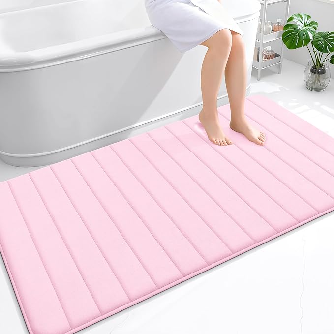 OLANLY Memory Foam Bath Mat 59x35, Super Soft Absorbent Bathroom Rugs, Quick Dry, Machine Washable Shower Floor Rugs, Bathmat Carpet, Bathroom Home Decor Accessories, Pink