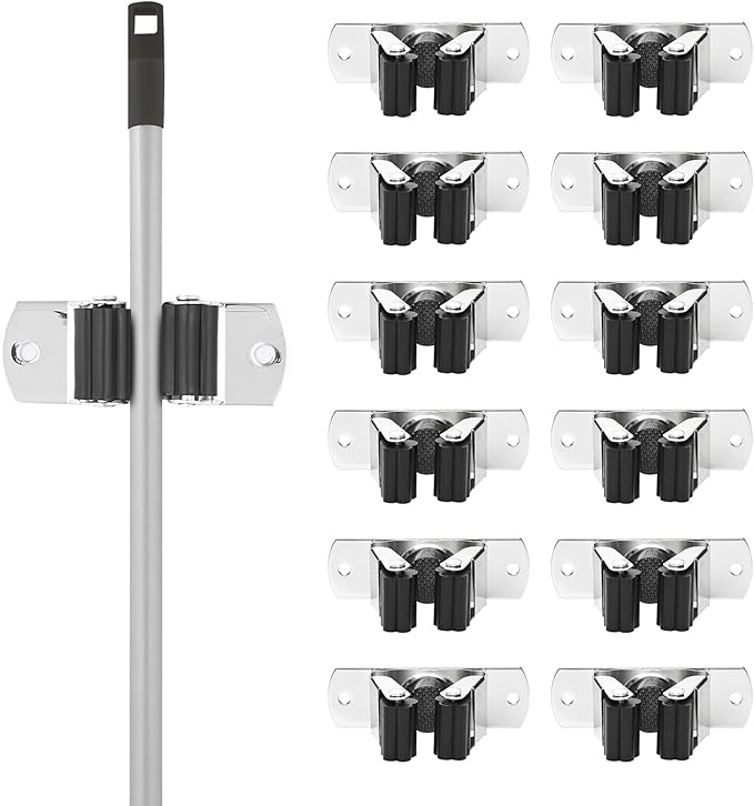 Superio Mop and Broom Holder, Set of 12 Single Piece Hooks, Stainless Steel Wall Mount Cleaning Storage Tool Organizer, Heavy-Duty Hook for Kitchen, and Office