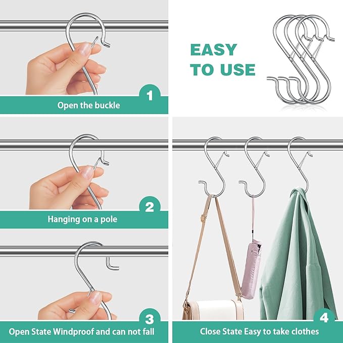 20PCS S Hooks for Hanging,3.5 Inch Heavy Duty Closet Hooks with Safety Buckle,Closet Hooks Hanging for Plants,Clothes,Kitchen Utensil,String Lights,Handbags,Belt, Hat, Cup, Tie (Silver)