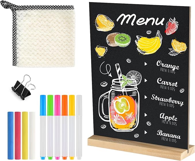 NEBURORA 1 Pack 5 x 7.9 Inches Tabletop Small Chalkboard Sign with Wood Base Reusable Double-Sided Message Boards Menu Chalkboard Stand for Kitchen Wedding Coffee Shop bar Restaurant