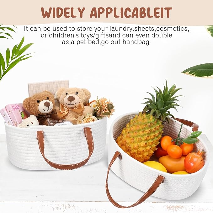 Valentine's Day Empty Woven Gift Basket with PU Leather Handle and Bag 12" x 8" x 5"Cotton Rope Basket Organizer for Pet Toy Storage Baby Shower Birthday Party Wrapping Gift(12*8*5 Inch)
