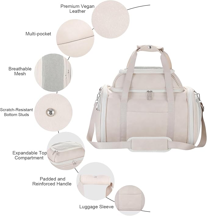 Bosnanller Premium Leather Top Expandable Pet Carrier for Small Dogs & Cats Under 15 lbs, Airline Approved Collapsible Soft-Sided Luxury Travel Bag Beige