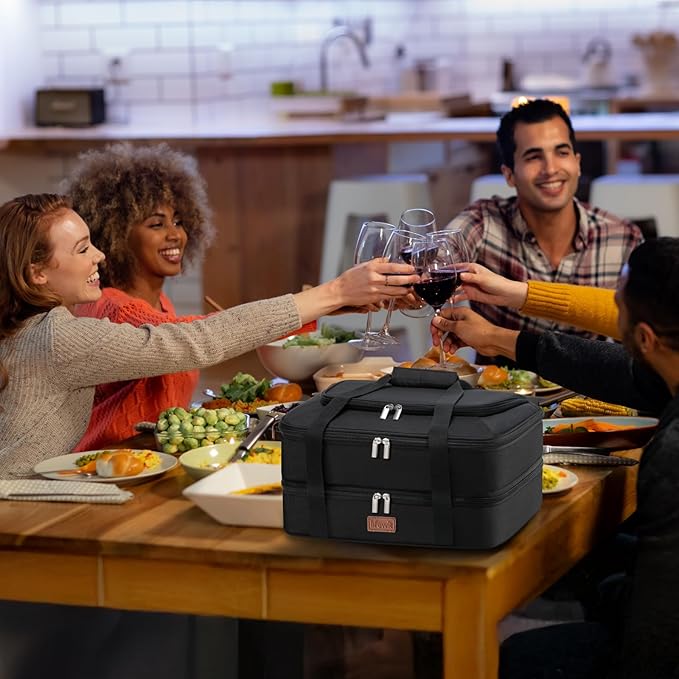 Lifewit Double Decker Casserole Carrier for Hot and Cold Food, Insulated Casserole Dish Carrier Carrying Case with Tool Room, Thermal Bag for Potluck Parties Cookouts Fits 9"×13" Baking Dish, Black