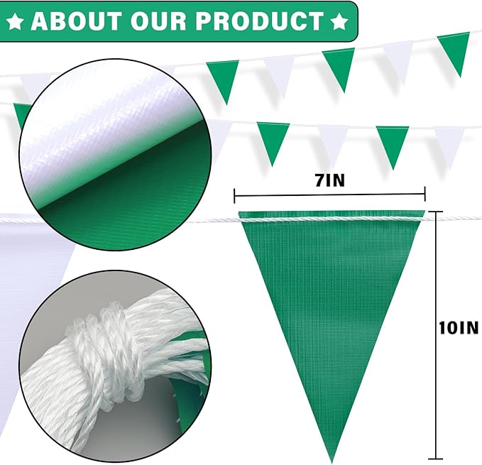 105ft Pennant Banner Flags, 7x10 Green and White 45 Pcs High Visibility Safety Flagging on String, Triangle Pool Flags for Backstroke, Construction Events Party Decoration Parking Marking Outside