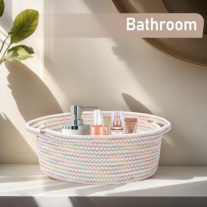 JMvicyroam Woven Basket,Small Rope Storage Bin with Handles & Ribbon Bag, Organizer for Shelves Closets,Gift Basket Empty for Birthday,Books,Dog Toys, Colorful