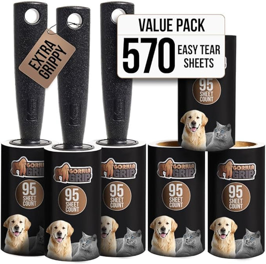 GORILLA GRIP Extra Grippy Lint Rollers, 570 Large Easy Tear Sheets, 3 Comfort Handles + 6 Refillable Rolls Included, Pet Hair Remover Brush, Clothes Furniture, Dog, Cat Animal Friendly Reusable Roller
