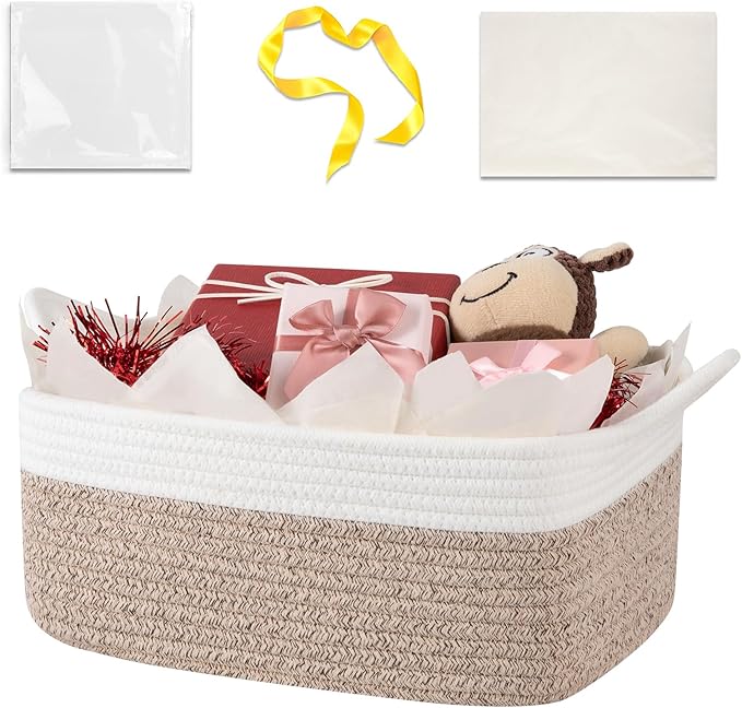 OIASKET Basket for Gifts Empty, Woven Storage Basket with Gift Bag, Ribbon and Wrap Tissue Paper, Small Rope Toy Storage with Handles for Baby Shower, Dog Toy Organizer, 13.6" x 10" x 5.9”