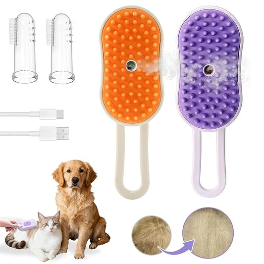 2-Pack Steam Brush for Cats& Dogs,Pet Steam Brush,4-in-1,Rechargeable Grooming Tool for Cats & Dogs, Anti-Static Design, Delivers Massage, Deep Cleansing, Shedding Control & Styling(Orange, Purple)