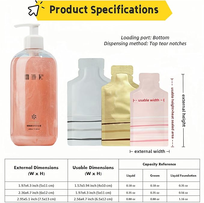 PABCK 100 Pcs Disposable Open Up Mylar Storage Bags Cosmetic Shampoo Liquid Containers Sample Pouch Heat Seal Foil Bag Travel Use Packets for Toiletries Skincare Lotion (Gold, 2.36x4.72 inch)