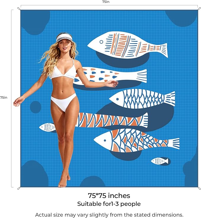 Blue Fish Beach Mat 75"x75" – Outdoor Picnic Blanket, Waterproof Sand Mat for Camping, Grass & Travel, Portable Foldable Ground Mat with Bag