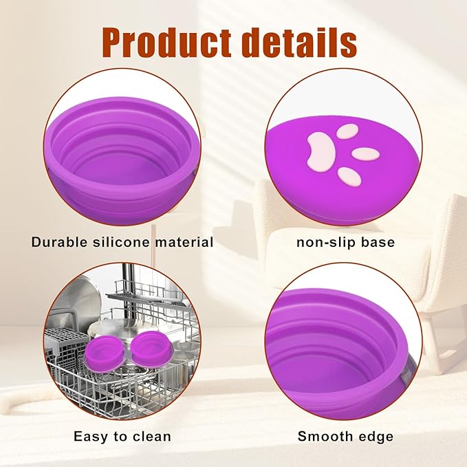 Collapsible Dog Bowls, 2-in-1 Silicone Pet Food and Water Bowl with Carabiner, Portable Double Compartment Dish for Travel, Camping, Hiking Puppy Essentials (Purple)
