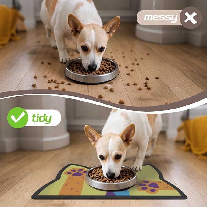 Le couranT Cat Food Plastic Placemat,Pet Feeding Mat, Dog Cat Bowl, Non-Slip Super Absorbent,Quick Dry, Accessories Pet Supplies.Backing Pet Placemat for Messy Drinkers. Lovely Heads-12x19 in