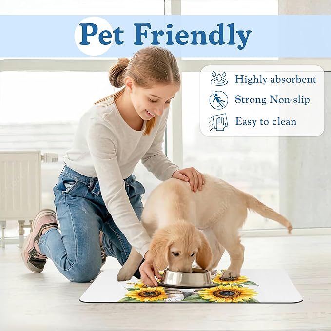 Cute Cat Sunflower Pet Feeding Mat for Floors–Christmas Stocking Absorbent Quick Dry Dog Cat Bowl Mat for Food and Water, Non Slip Waterproof Base, Mess-Free Feeding Accessories 12"x20"