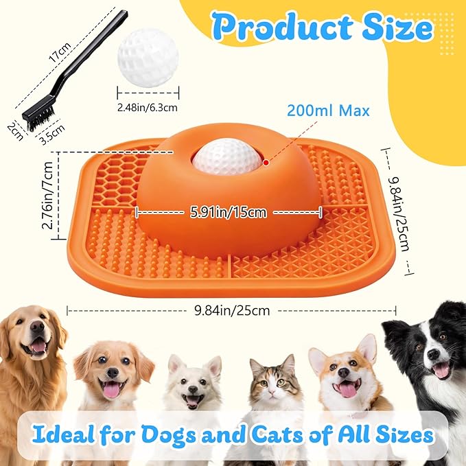 Slow Feeder Dog Bowls & Lick Mat for Liquid and Thick Treat, Anti-Slip Dog Lick Bowl with Interactive Rolling Ball, 5/6 Cup Pup Licking Toy for Large Medium Small Dogs and Cats Orange