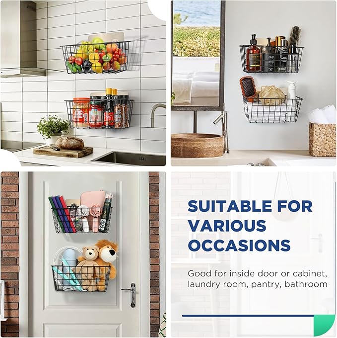 4 Pack Hanging Wall Basket Wire Storage Baskets, Adhesive Basket for Cabinet Door Organizer(2 Wall Mounting Options), Hanging Fruit Baskets for Kitchen, Pantry Organization, Bathroom, Black