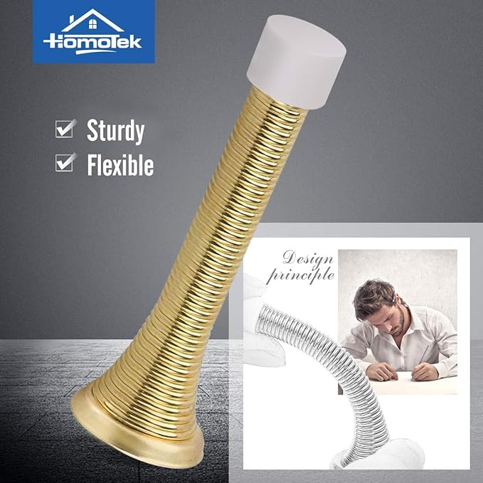 HOMOTEK 12 Pack Spring Door Stopper with Rubber Bumper 3-1/8" Flexible Spring Heavy Duty Wall Door Stop Low Mounted Door Bumper for Home (Bright Brass)