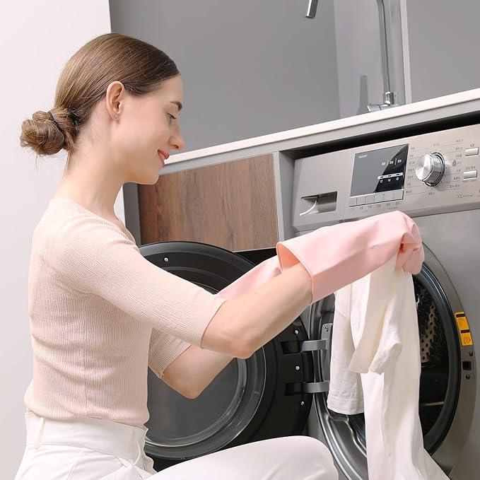 COOLJOB Large Household Rubber Gloves with Cotton Liner & Non-slip Grip, Waterproof Long Lasting Dishwashing Gloves for Kitchen & Bathroom Cleaning, Light Pink, 1 Pair