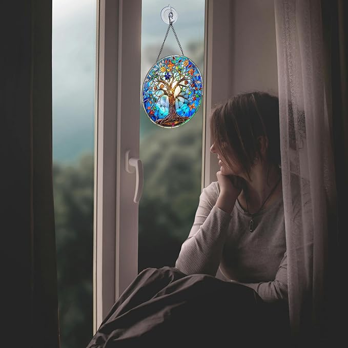 Tree of Life Suncatcher 8 Inch Stained Glass Window Hanging Diamond Chain Hooks – Indoor/Outdoor Wall Art Home Décor -Gift for Women Men Valentine's Day Thanksgiving Ornaments Festival Gifts