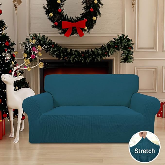 Easy-Going Stretch Loveseat Slipcover 1-Piece Sofa Cover Furniture Protector Couch Soft with Elastic Bottom for Kids Polyester Spandex Jacquard Fabric Small Checks (Loveseat, Peacock Blue)