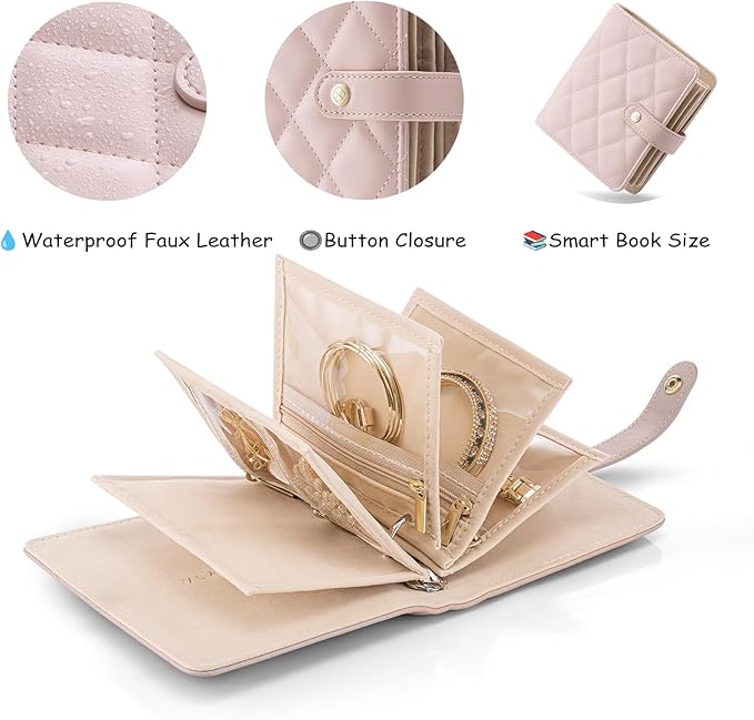 Vlando Small Jewelry Book Organizer - Leather Travel Jewelry Case with 5 Detachable Pages for Necklaces, Rings, Earrings, Tangle-Free, Giftable,Barely Pink