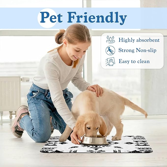 Black Boho Art Dog Food Mat–Absorbent Quick Dry Feeding Placemat for Food and Water Bowls, Non Slip Rubber Backing, Waterproof Pet Supplies for Mess-Free Eating 12"x20"