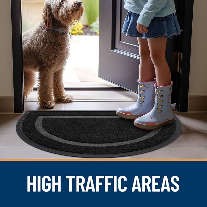 OLANLY Half Circle Door Mat Indoor Outdoor Entrance Welcome, Waterproof All-Season, All-Weather Doormat, Sturdy Natural Rubber, Low Profile, Easy Clean Patio Porch Entryway Mat, 35x23, Black