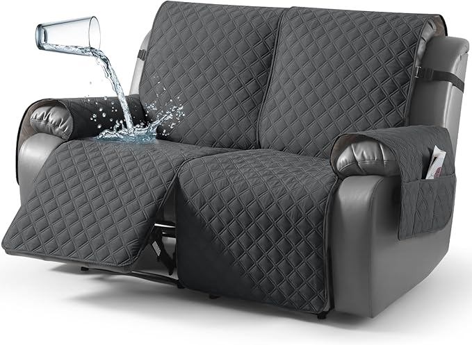 TAOCOCO 100% Waterproof Recliner Couch Covers, Recliner Sofa Covers with Leg Straps, 1-Piece Washable Reclining Sofa Cover with Pocket Couch Protector for Pets Kids(2 Seater, Charcoal Gray)