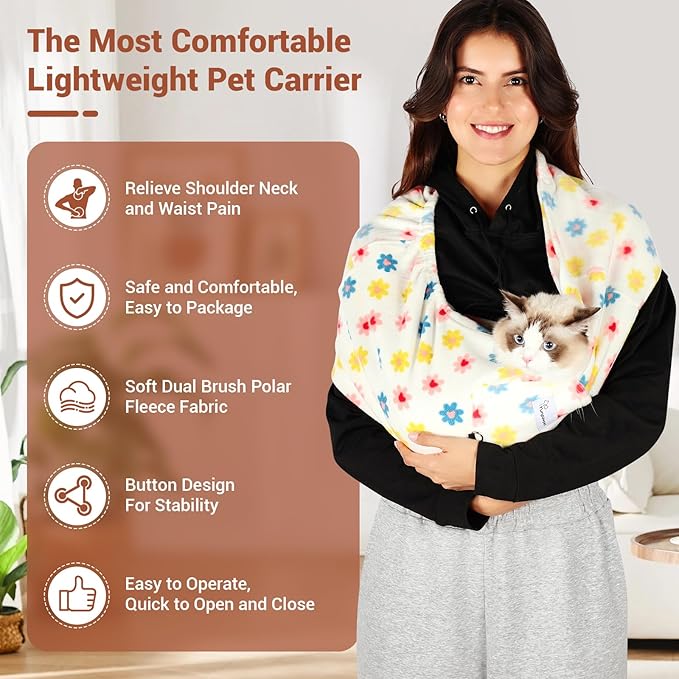 Hands-Free Cat Sling Carrier, Ultra-Soft Polar Fleece Pet Sling for Small Dogs & Cats 3-14 lbs, Machine Washable for Indoor Snuggling & Outdoor Use (Medium, Daisy)